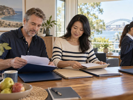 An international family arranging separate unmarked document folders at a sunny home dining table while a school age child packs a school bag nearby in Australia