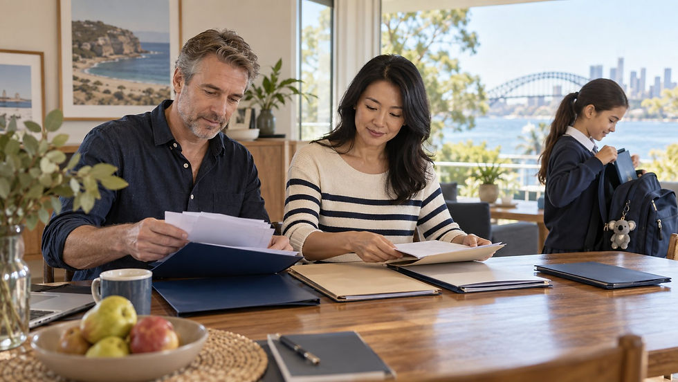 An international family arranging separate unmarked document folders at a sunny home dining table while a school age child packs a school bag nearby in Australia