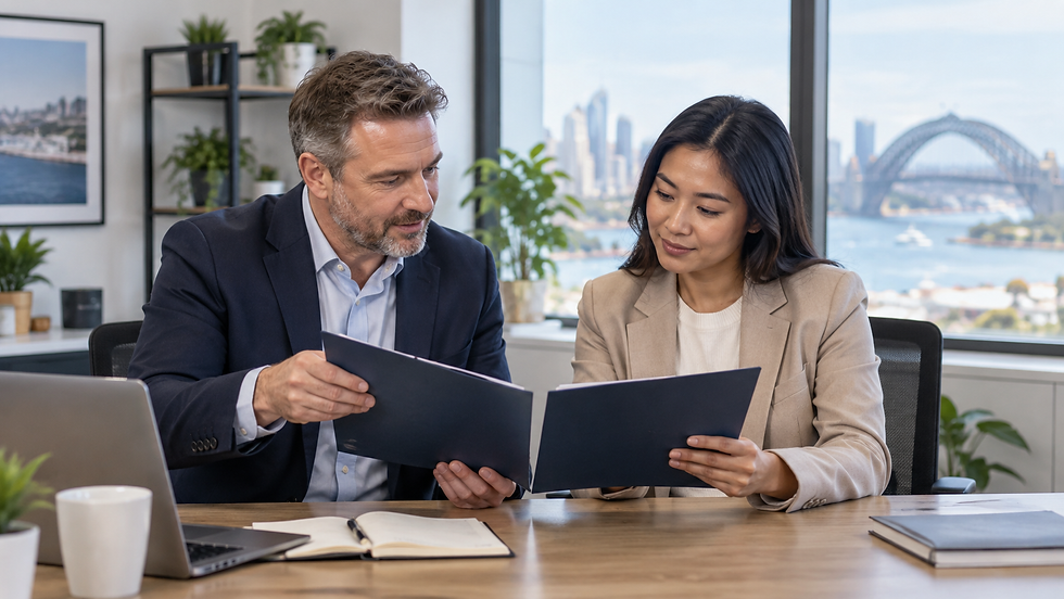 An employer and an overseas professional comparing two unmarked employment folders in a bright everyday company office in Australia