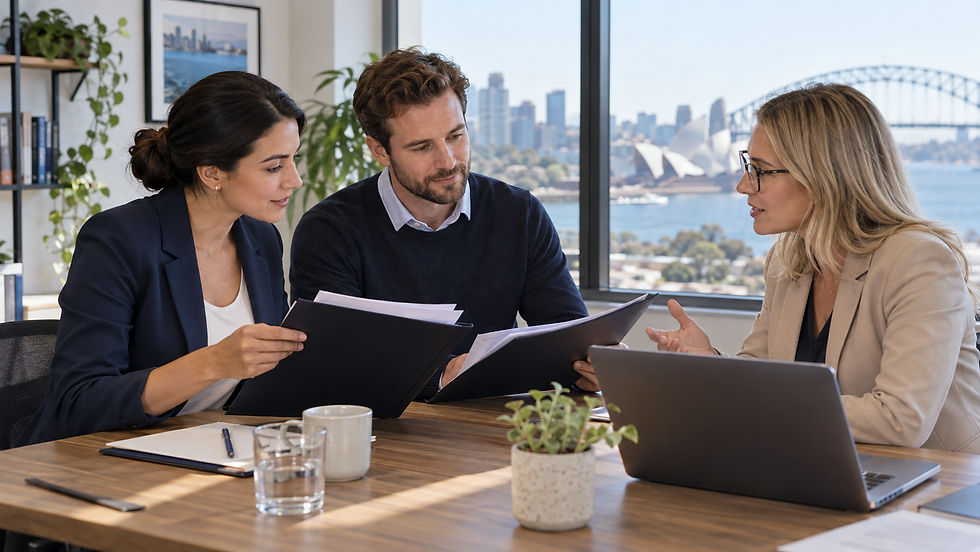 Two human resources colleagues comparing an employee chronology with a specialist using separate unmarked folders and an unreadable laptop in Australia