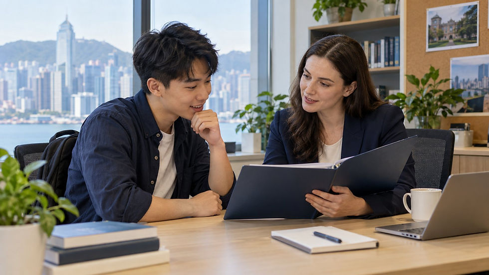 An international graduate discussing an unmarked qualification folder with a university careers adviser in a quiet campus office in Hong Kong