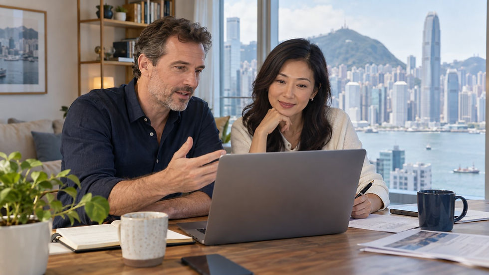 An international professional having a video consultation at a home desk with the laptop display turned away from the camera in Hong Kong