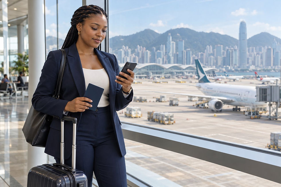 An overseas professional checking travel documents beside an airport window before a Hong Kong training journey.