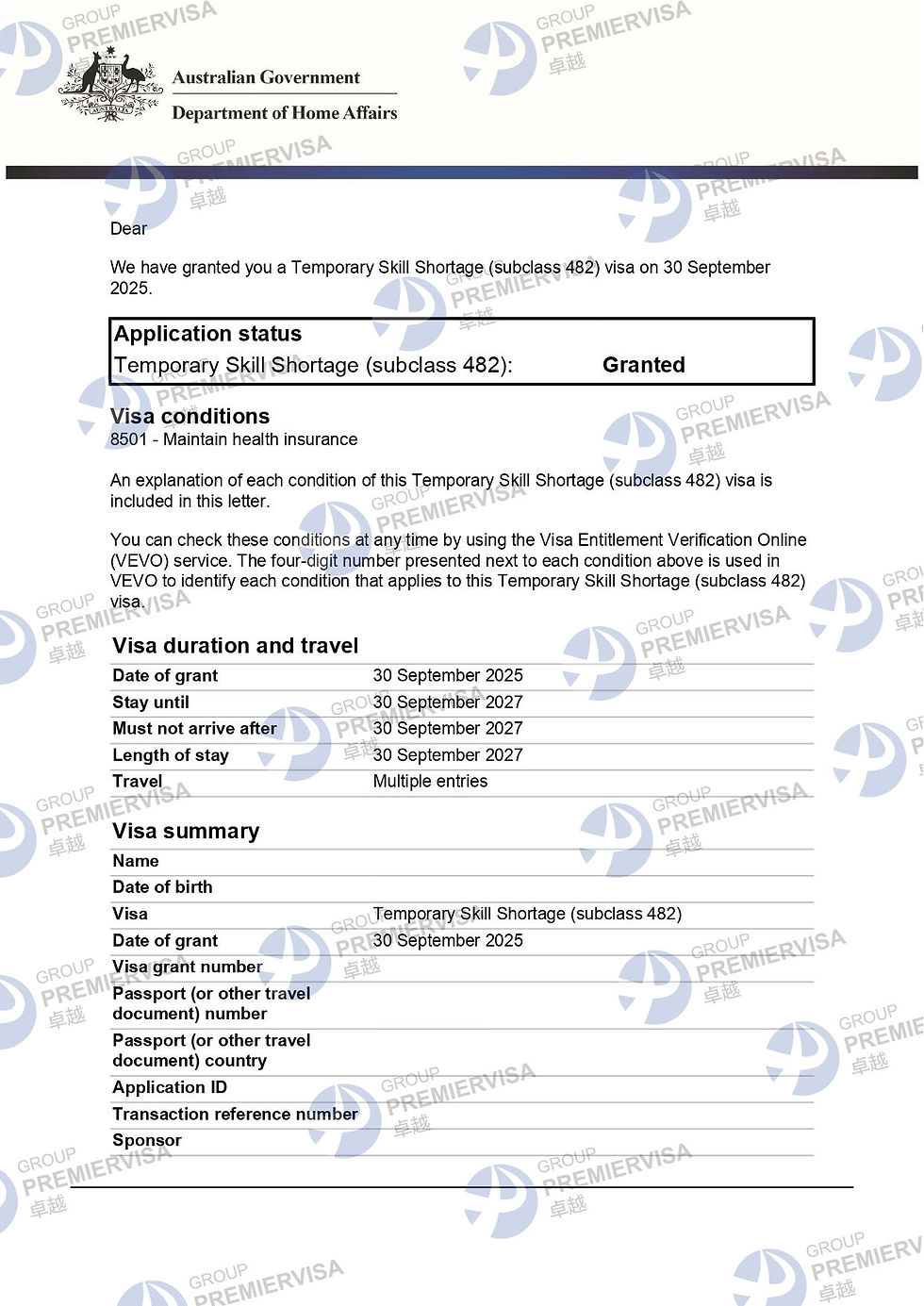 PremierVisa Group | Subclass 482 Employer Sponsored Visa Granted | 30 September 2025 | PV-AU-0260