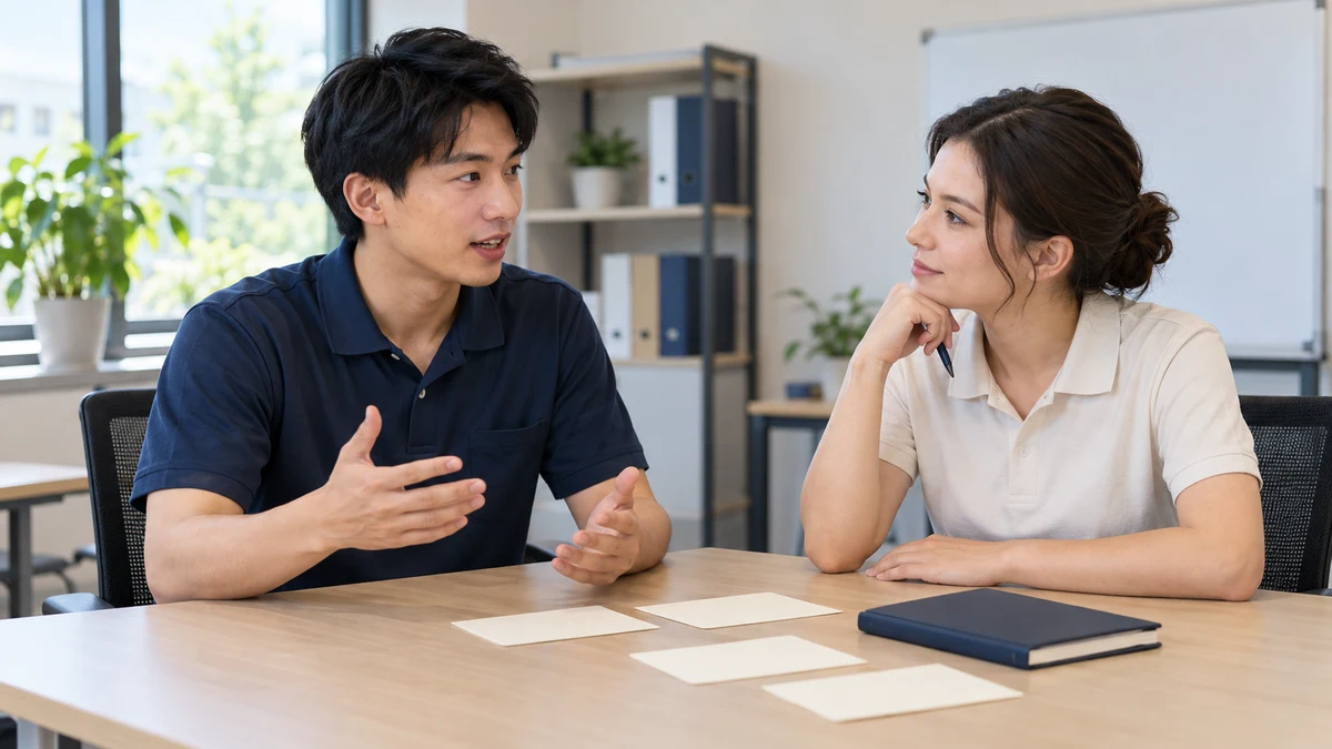 Two adults practise a spoken exchange at a quiet training table with blank cards and a closed notebook; AI illustration.