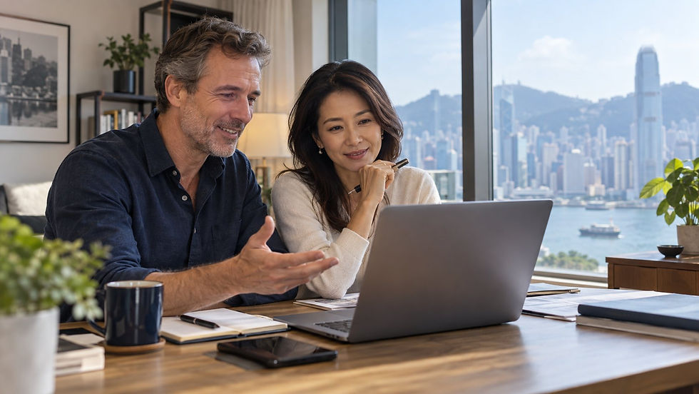 An international professional having a video consultation at a home desk with the laptop display turned away from the camera in Hong Kong