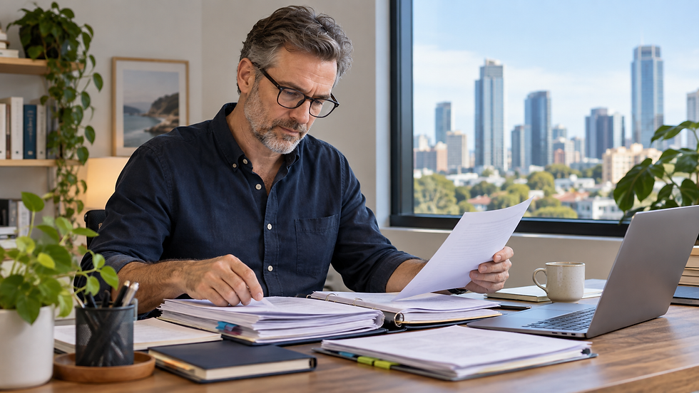 A mature professional organising several years of employment records at a quiet home desk near a city window in Australia