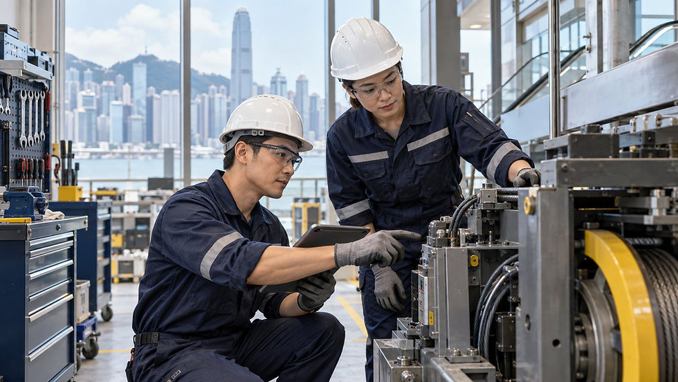 Two trained technicians in appropriate protective workwear reviewing equipment in a well maintained engineering workshop in Hong Kong
