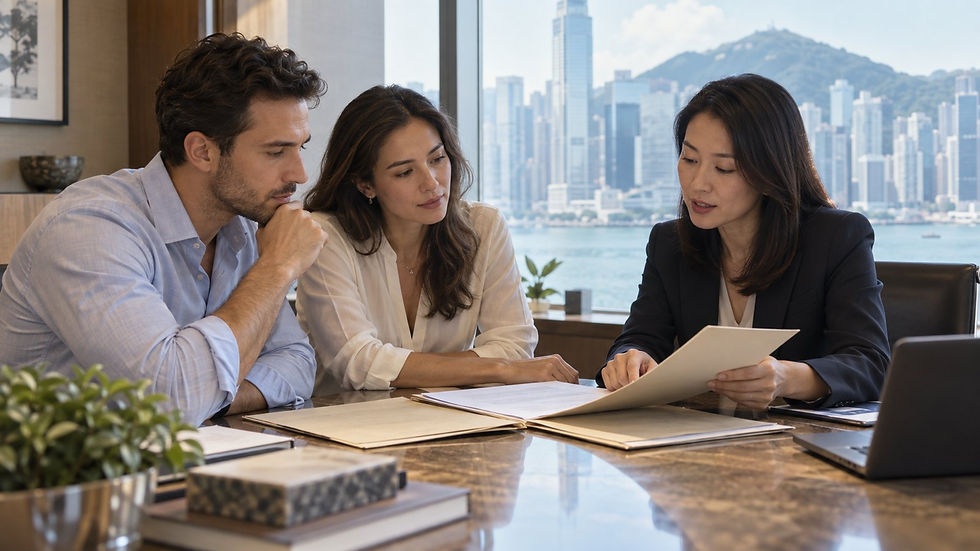 Adult siblings and a Hong Kong adviser reviewing estate folders in a private office