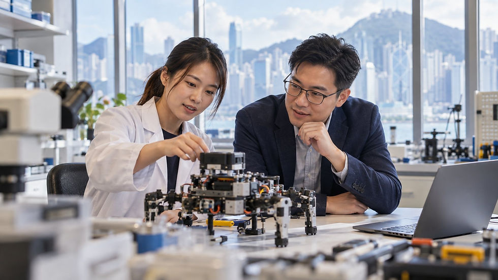 A researcher and an industry colleague examining a practical scientific prototype in a bright university laboratory in Hong Kong