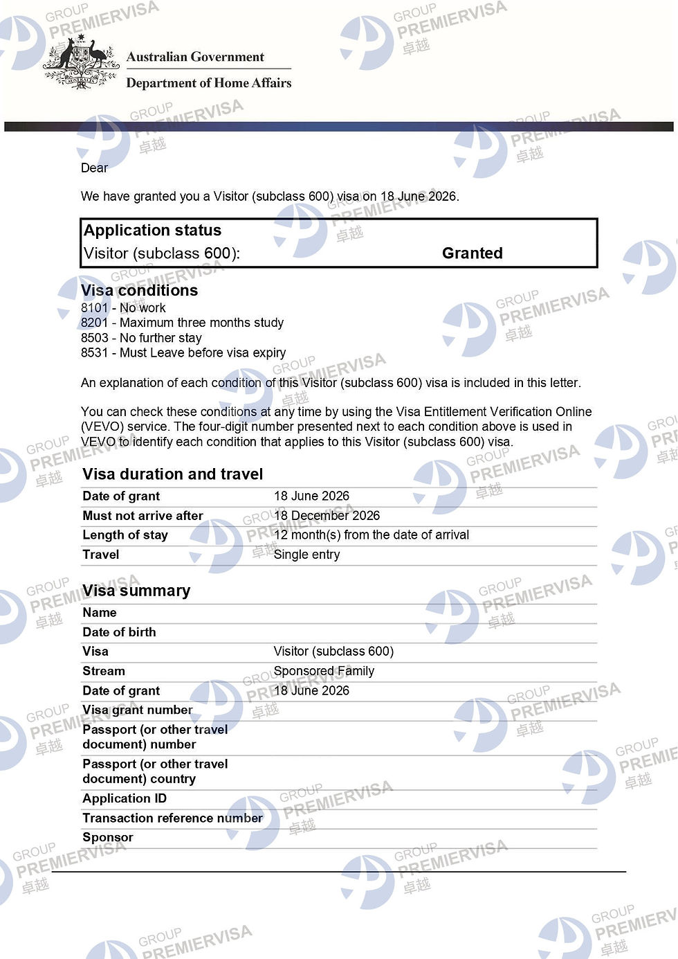 PremierVisa Group | Subclass 600 Visitor Visa Granted | 18 June 2026 | PV-AU-0004