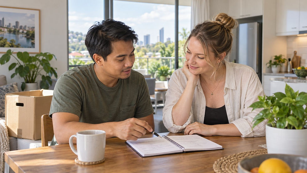 A couple discussing household arrangements at a dining table in an Australian apartment.