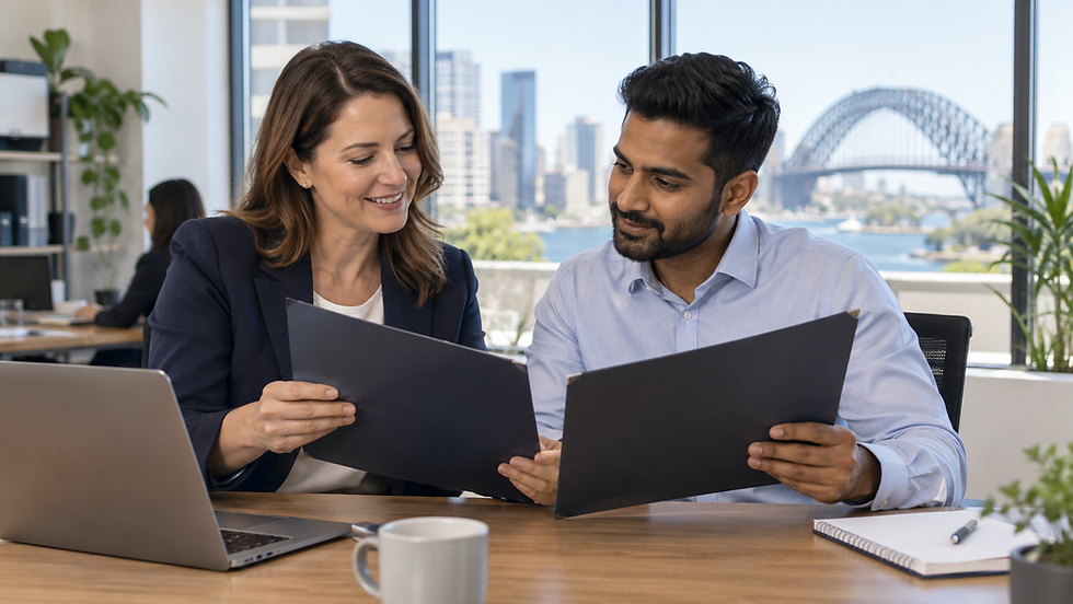 An employer and an overseas professional comparing two unmarked employment folders in a bright everyday company office in Australia
