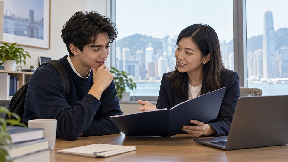 An international graduate discussing an unmarked qualification folder with a university careers adviser in a quiet campus office in Hong Kong