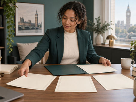 Professional arranging neutral certificates and a folder on a spacious desk