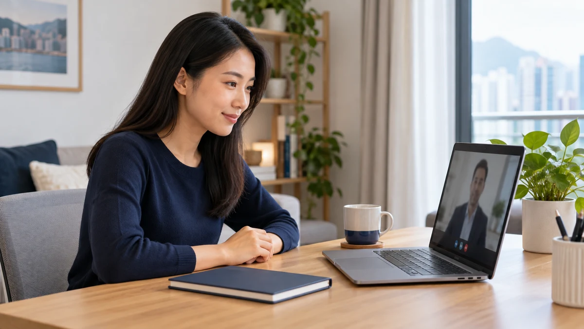 A woman takes part in a laptop video interview beside a closed notebook at home; fictional AI illustration.
