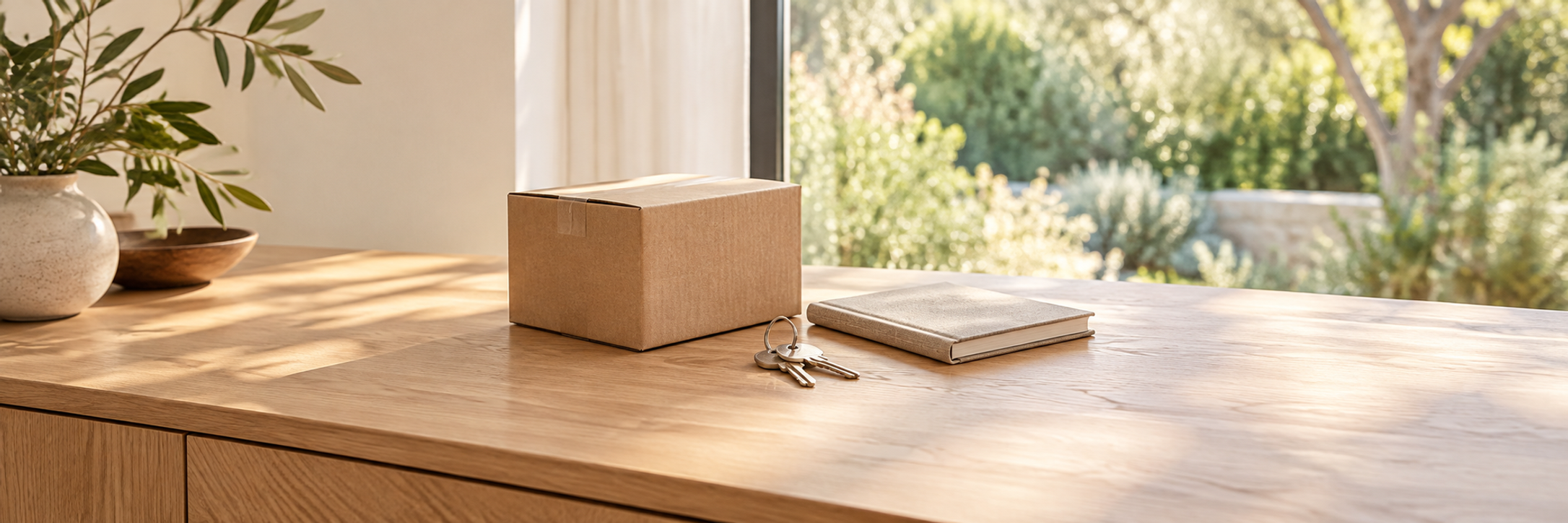 Illustrative moving box, house keys and notebook; not a real client home, property listing or company premises.