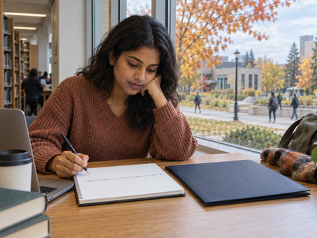 Graduate reviewing a notebook timeline and plain folder beside a college library window.