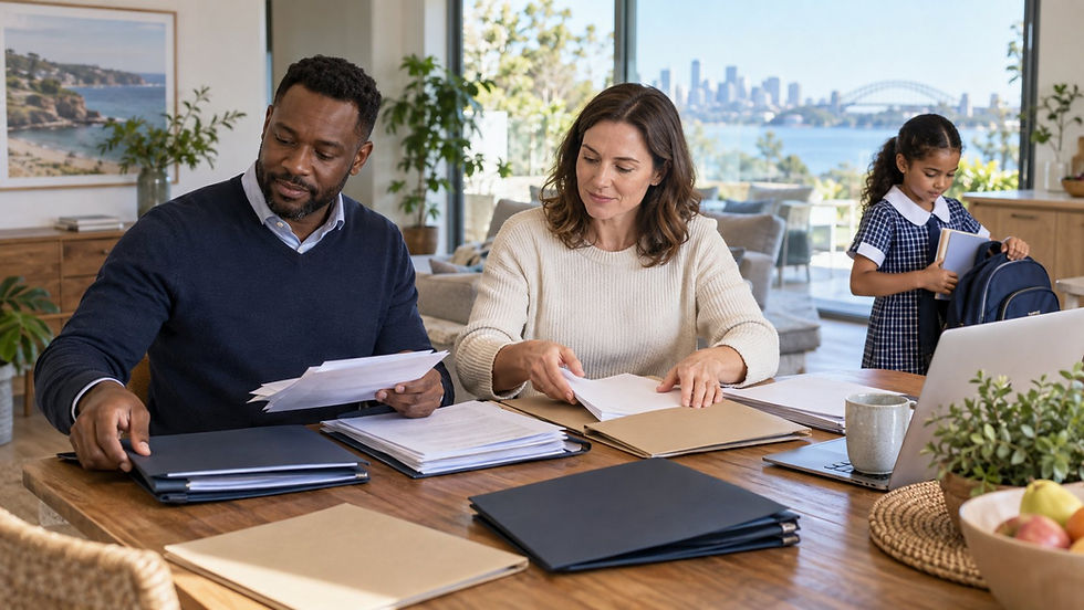 An international family arranging separate unmarked document folders at a sunny home dining table while a school age child packs a school bag nearby in Australia