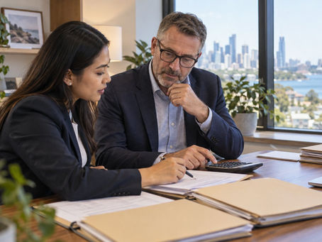 An investor and a financial professional reviewing several separate unmarked asset folders with a calculator in a calm office in Australia