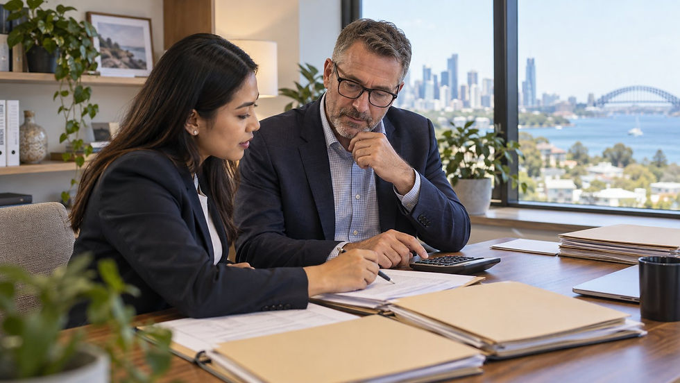 An investor and a financial professional reviewing several separate unmarked asset folders with a calculator in a calm office in Australia
