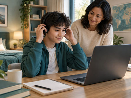 A teenage student preparing for a video conversation with a parent nearby, laptop screen blank