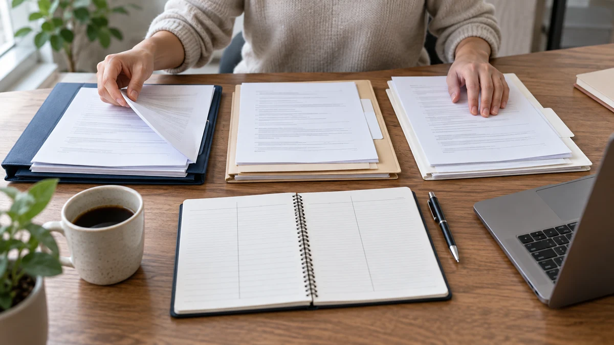 Hands compare papers in three folders beside a notebook with three columns on a sunlit desk; AI illustration.