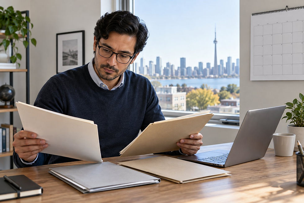 Canadian immigration applicant reviewing document folders at a desk with the Toronto skyline outside