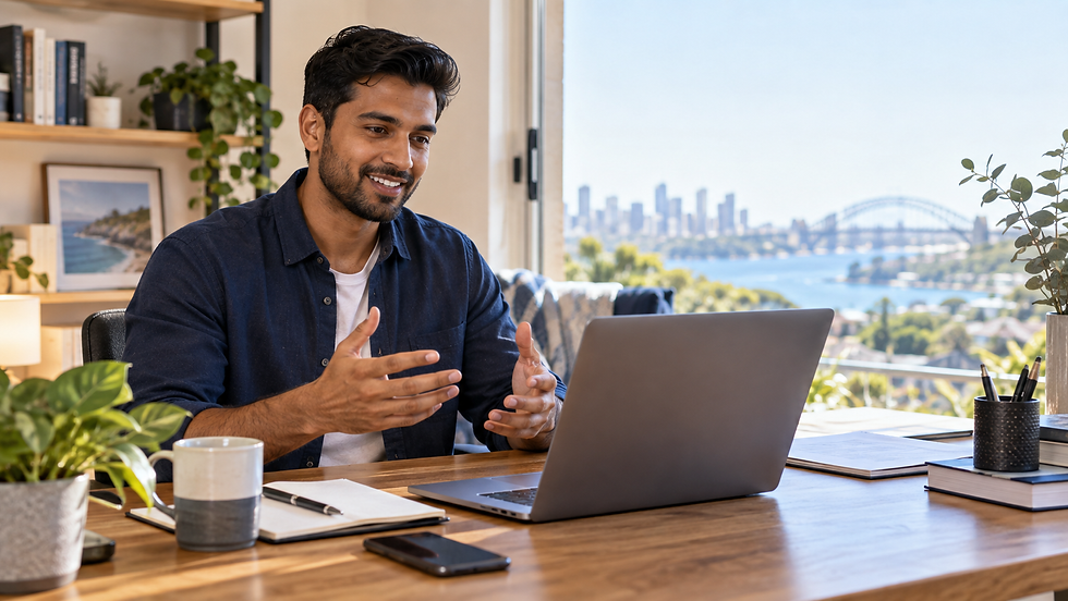 An international professional having a video consultation at a home desk with the laptop display turned away from the camera in Australia