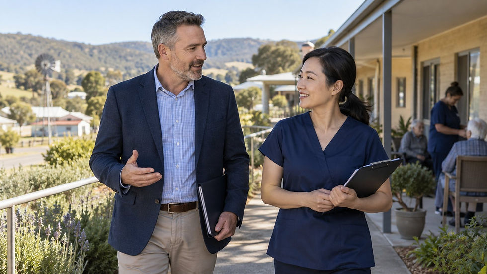 A regional employer and an overseas specialist walking through a practical Australian workplace near a small rural town in Australia