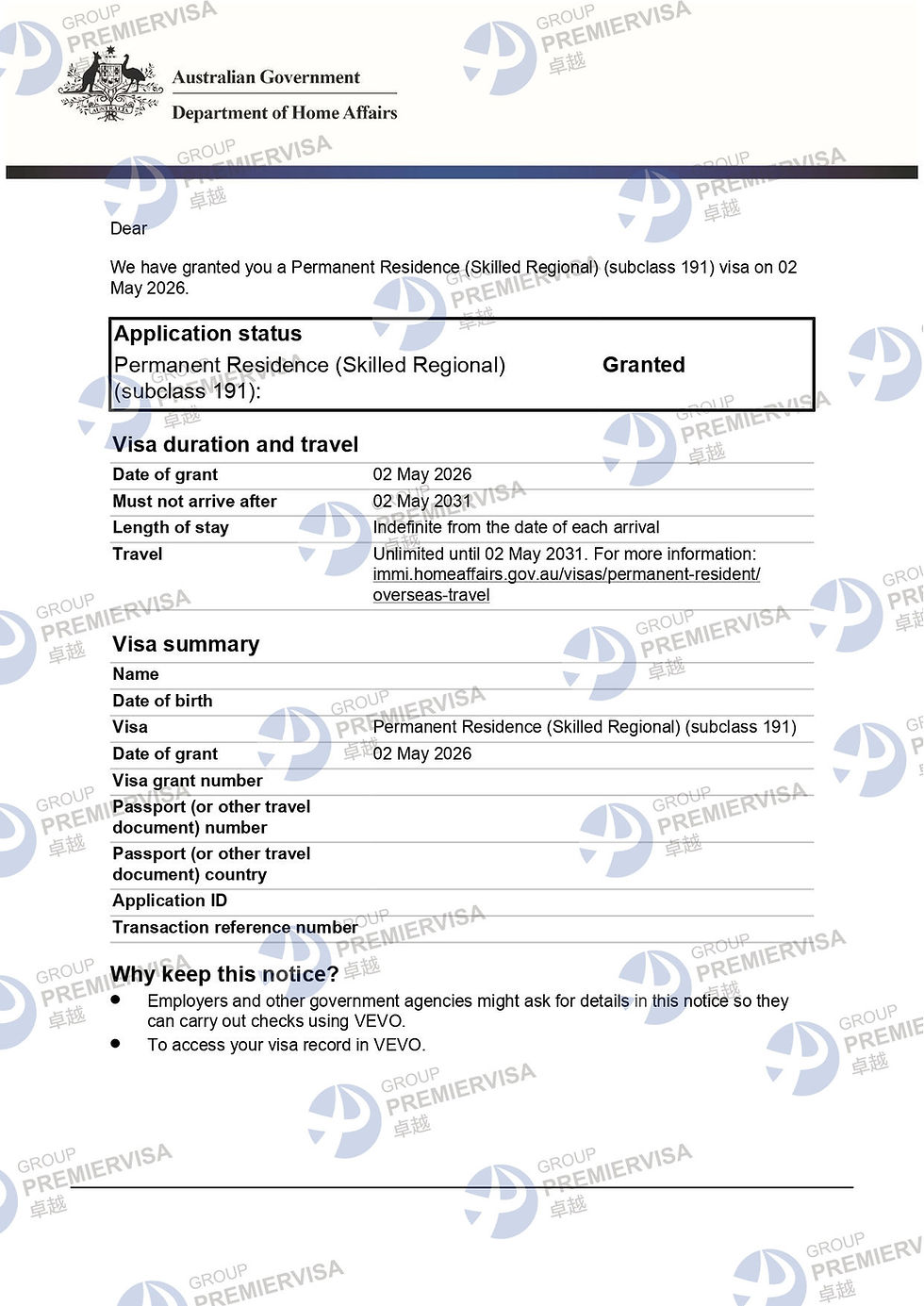PremierVisa Group | Subclass 191 Permanent Residence Visa Granted | 2 May 2026 | PV-AU-0049