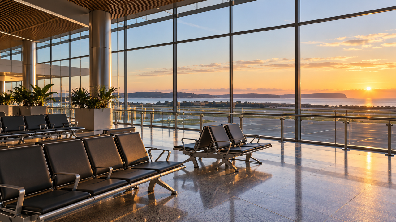 Airport-terminal windows, seating and a runway view; generated illustrative scenery.