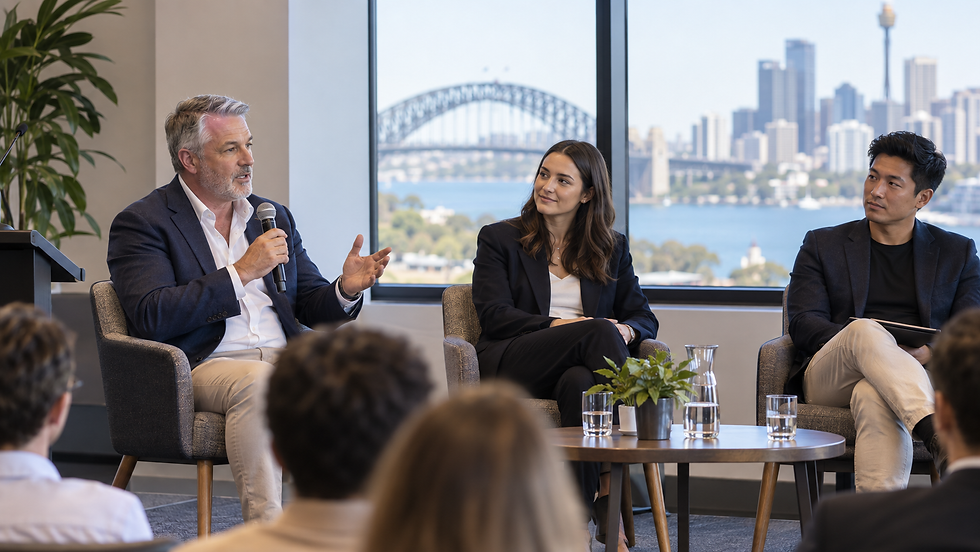 A mature business founder speaking at a modest industry panel while two younger founders listen in an Australian university event space
