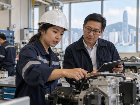 A technical professional in appropriate safety attire discussing equipment work with a Hong Kong supervisor in a clean workshop
