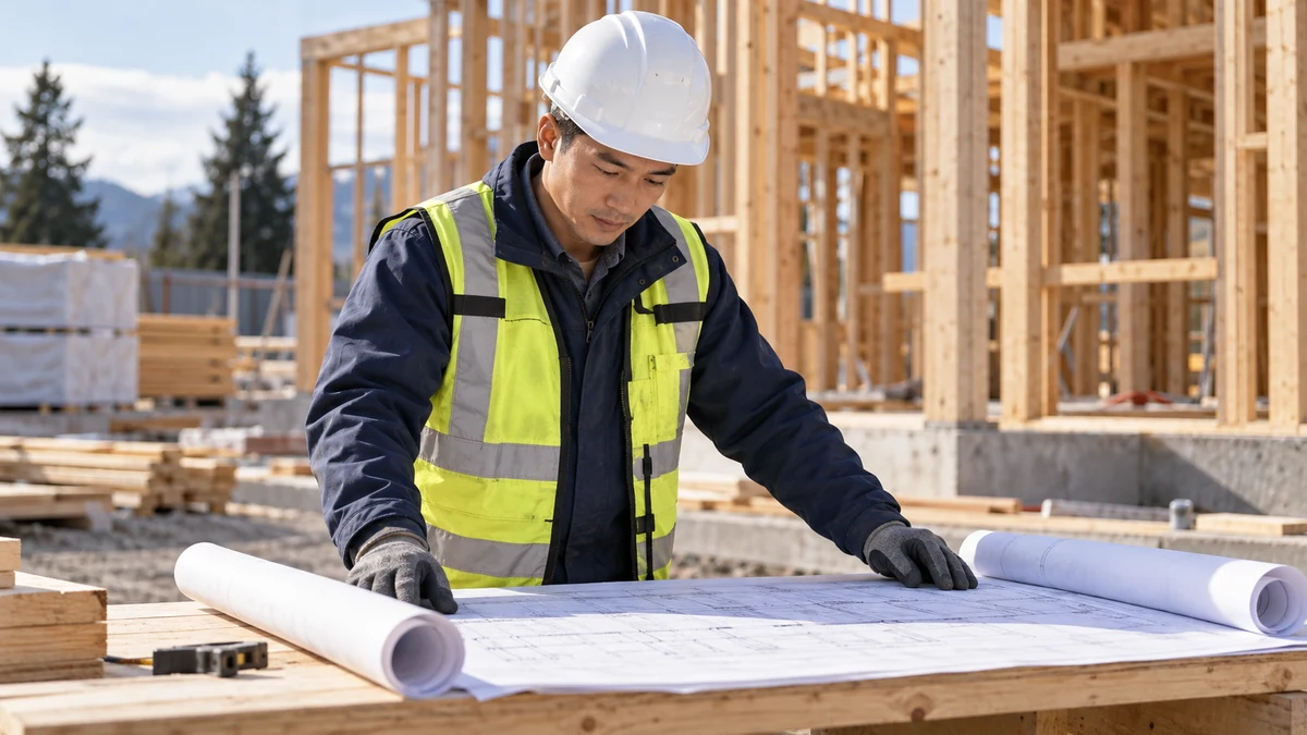 A tradesperson wearing a hard hat reviews a plan at a ground-level table beside a timber frame; fictional AI illustration.