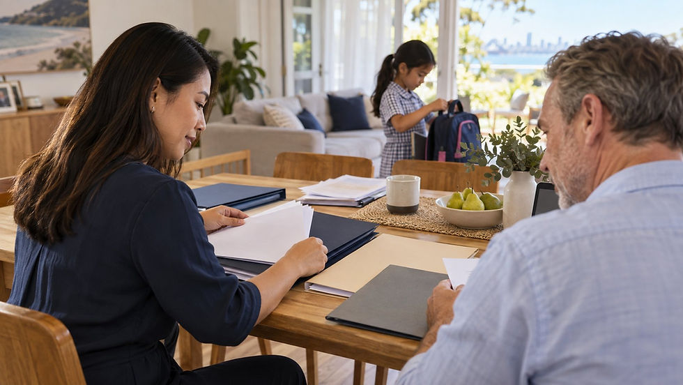 An international family arranging separate unmarked document folders at a sunny home dining table while a school age child packs a school bag nearby in Australia