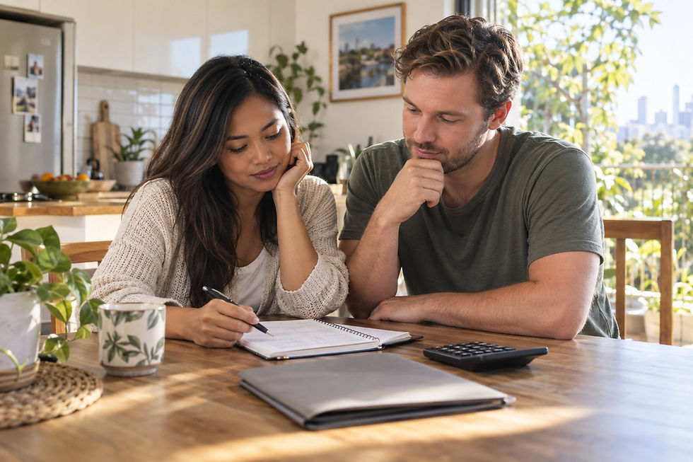 Partners discussing a notebook and calculator at a kitchen table in a Brisbane home.