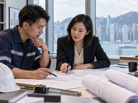 Technical worker and manager planning registration and renewal tasks in a Hong Kong office