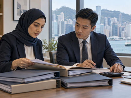 An investor and a financial professional reviewing several separate unmarked asset folders with a calculator in a calm office in Hong Kong