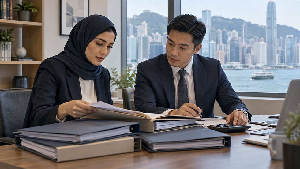 An investor and a financial professional reviewing several separate unmarked asset folders with a calculator in a calm office in Hong Kong