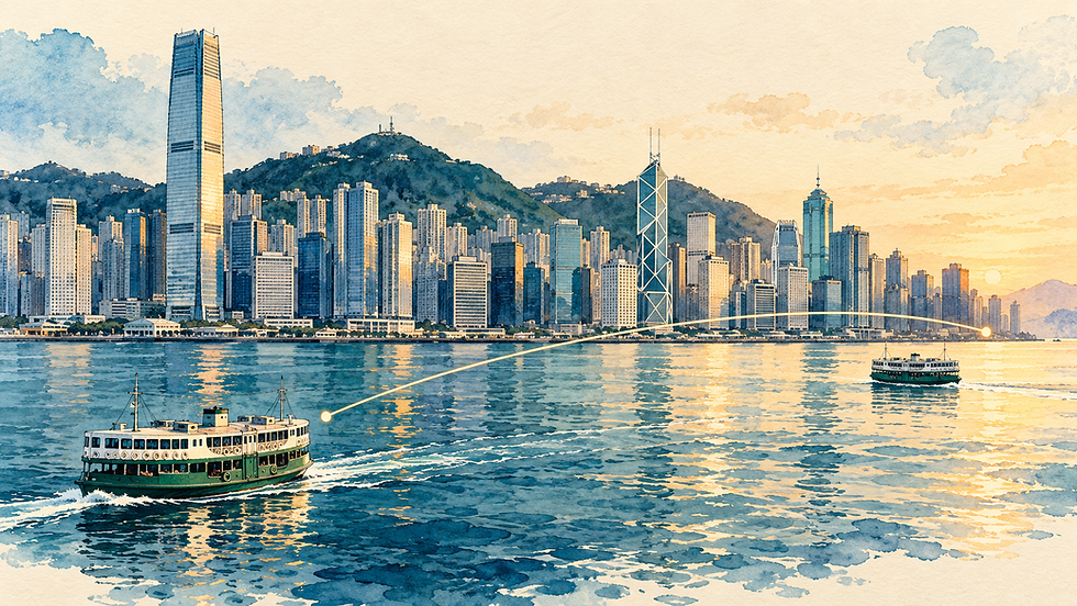 維港水彩插畫,以回程路線連接香港天際線,呼應離港後重新申請IANG。