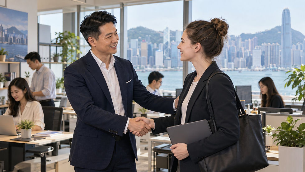 A small business owner welcoming an overseas specialist to an active workplace with local colleagues working in the background in Hong Kong
