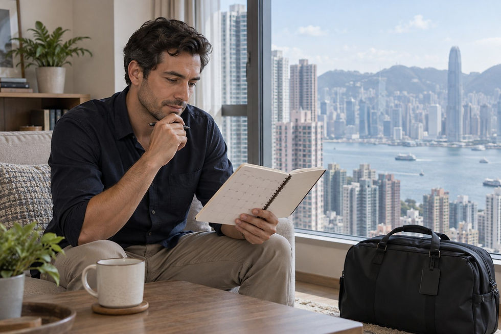A professional organising overseas travel beside the window of a Hong Kong home