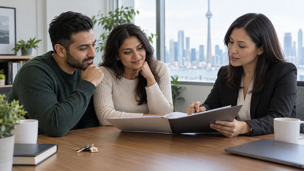 Couple and financial adviser reviewing a transaction folder with house keys on the table