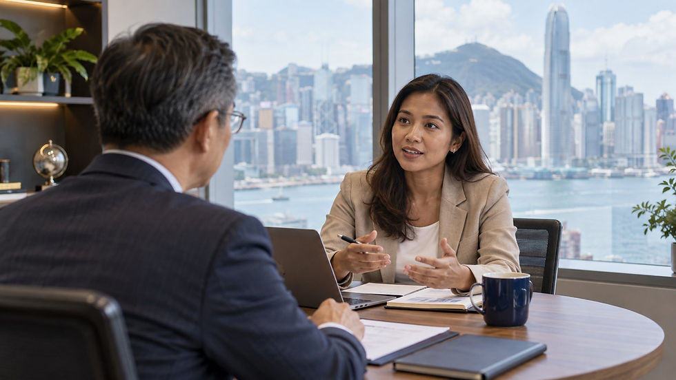 An international employee discussing a specific job offer with a human resources manager at a small meeting table in Hong Kong