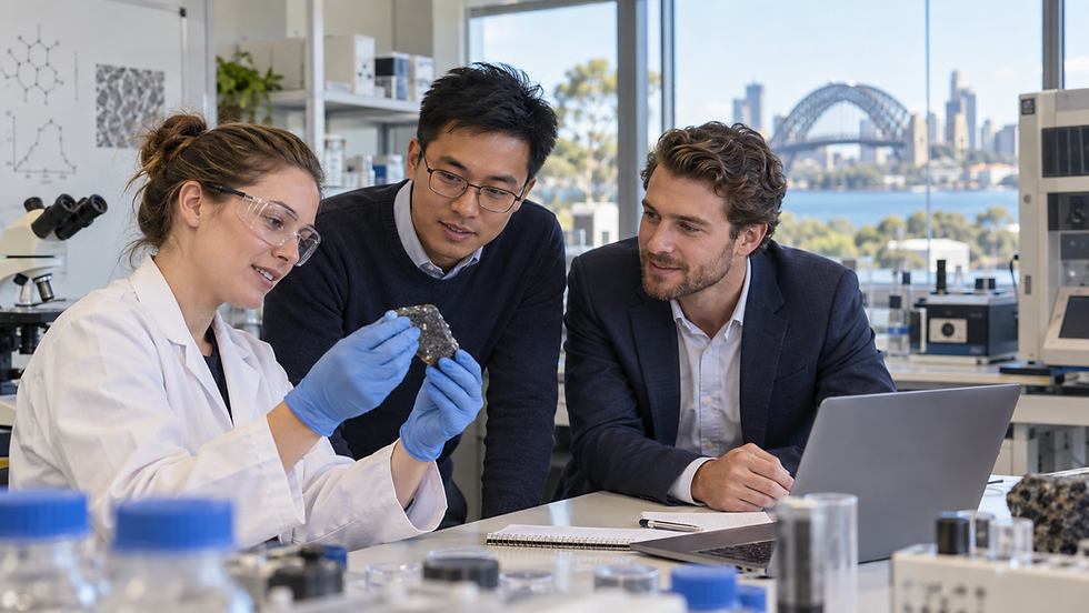 A university scientist and a startup founder studying a new material sample with a technology transfer colleague in an Australian university laboratory