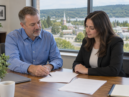 Employer and candidate review plain employment papers beside a window overlooking a Canadian town.