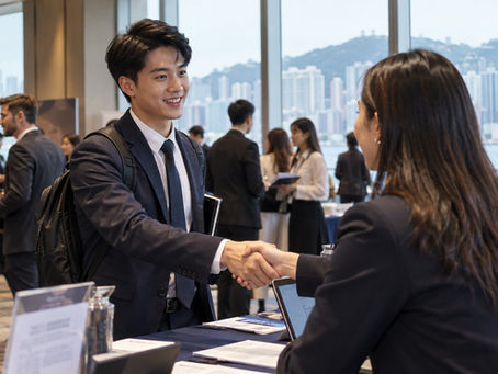 A returning university graduate greeting a recruiter at a Hong Kong career meeting