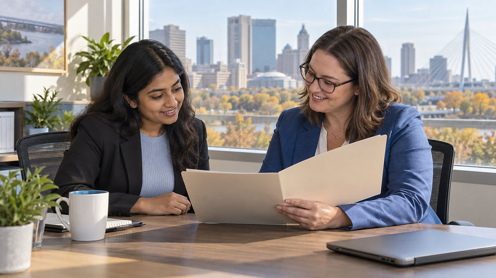 Manitoba international graduate reviewing a genuine engineering job offer with an HR manager