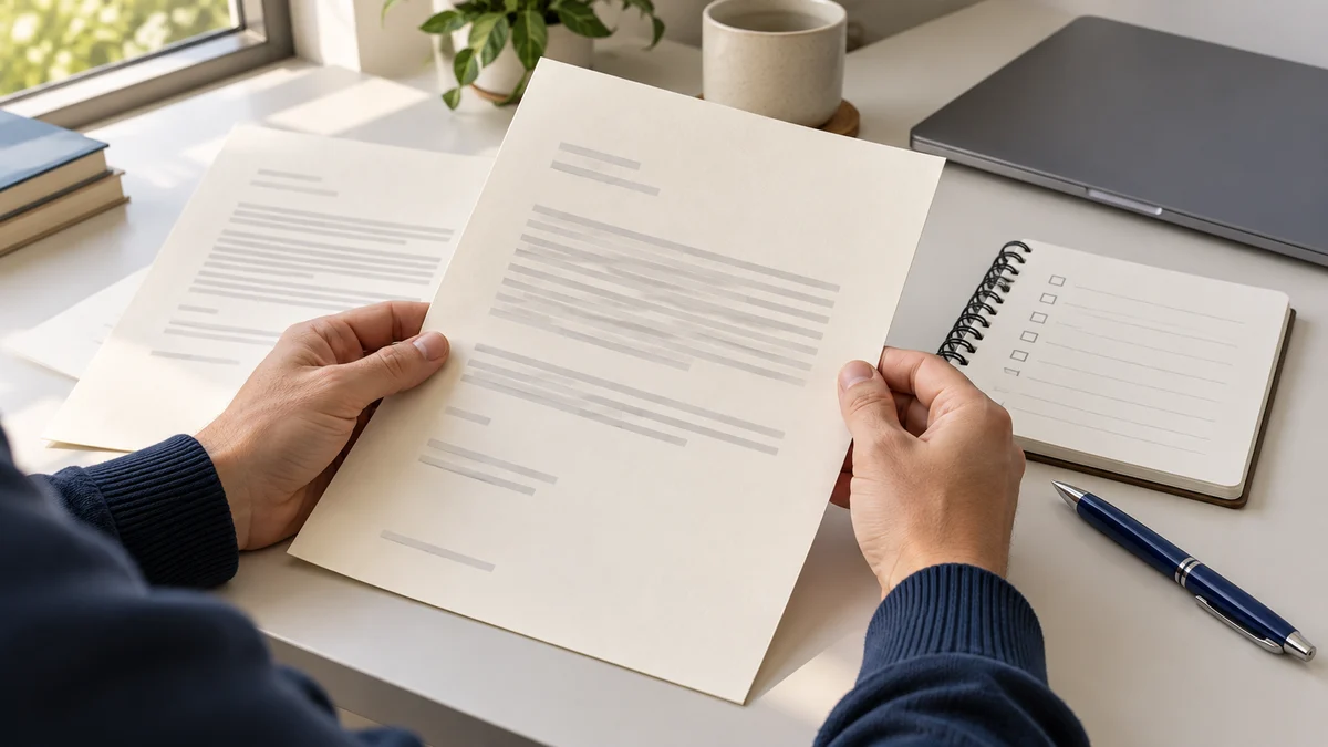 Hands hold an anonymous offer page beside another version and an empty checklist notebook; AI illustration, not a real contract.